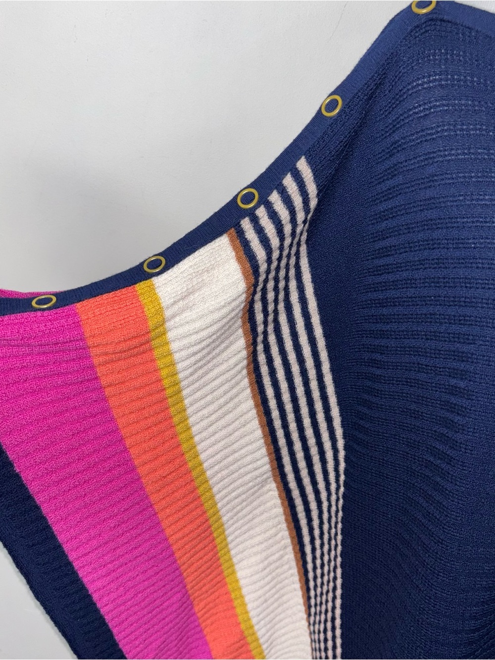 Trina Turk Chic Wrap Pullover Sweater Poncho Blue Knit Stripes and Gold Buttons - Picture 6 of 13